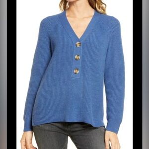 Madewell Royal Blue V-Neck Sweater with Button Detail